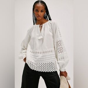 Spell White Eyelet Tie-Front Peasant Blouse